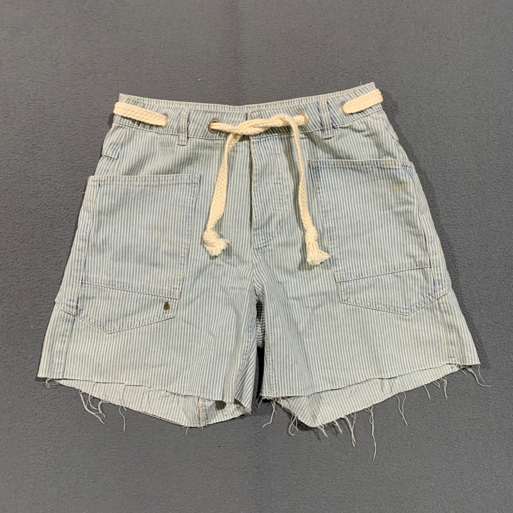 Aaron & Amber Hickory Stripe Denim Shorts Women Small High Rise Rope Belt Summer